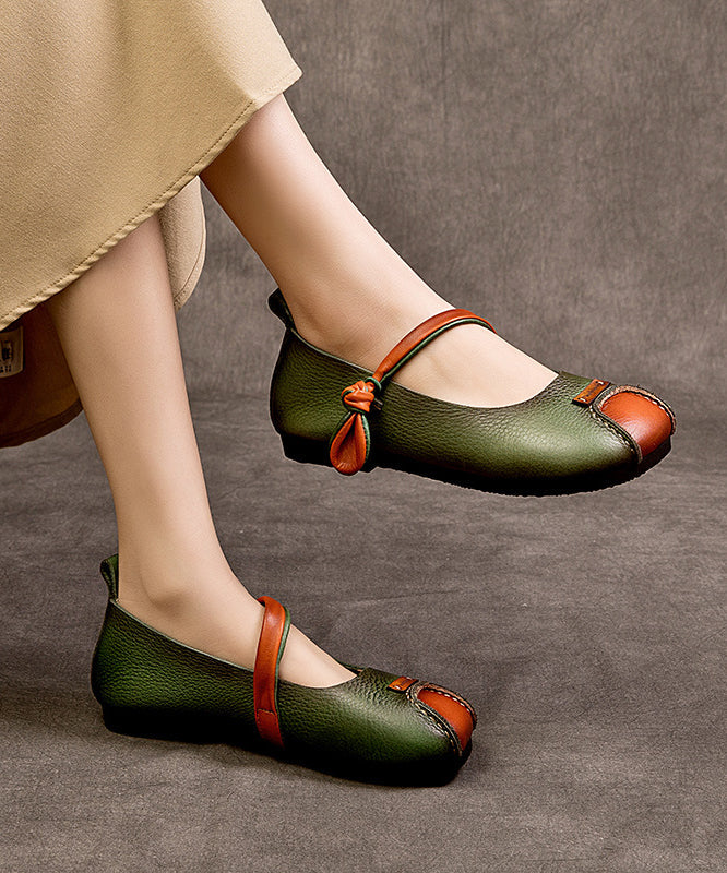 Schuhe Schnalle Leder Spleißen Rindsleder Plattfüße Retro Grün Strap