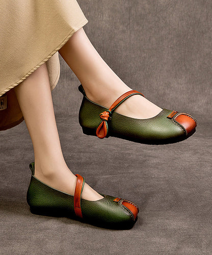 Schuhe Schnalle Leder Spleißen Rindsleder Plattfüße Retro Grün Strap
