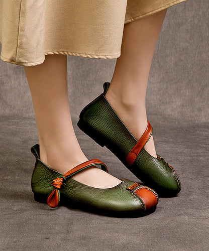 Schuhe Schnalle Leder Spleißen Rindsleder Plattfüße Retro Grün Strap