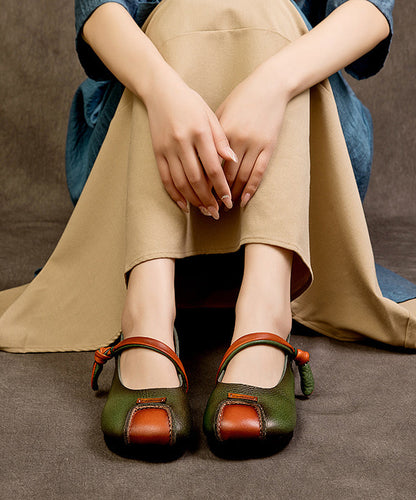 Schuhe Schnalle Leder Spleißen Rindsleder Plattfüße Retro Grün Strap