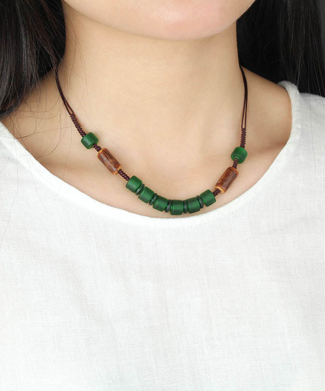 Collier de perles graduées en émail coloré tissé à la main vert rétro KX1014