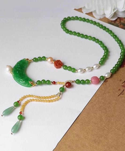 Collier pendentif à pompon en émail coloré avec perle d'agate de jade verte rétro KX1027