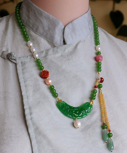 Collier pendentif à pompon en émail coloré avec perle d'agate de jade verte rétro KX1027