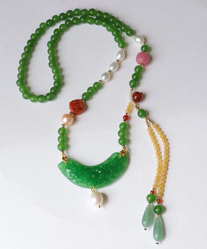 Collier pendentif à pompon en émail coloré avec perle d'agate de jade verte rétro KX1027