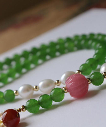 Collier pendentif à pompon en émail coloré avec perle d'agate de jade verte rétro KX1027