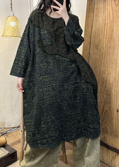 Robe longue à imprimé patchwork vert rétro à manches longues VB1075