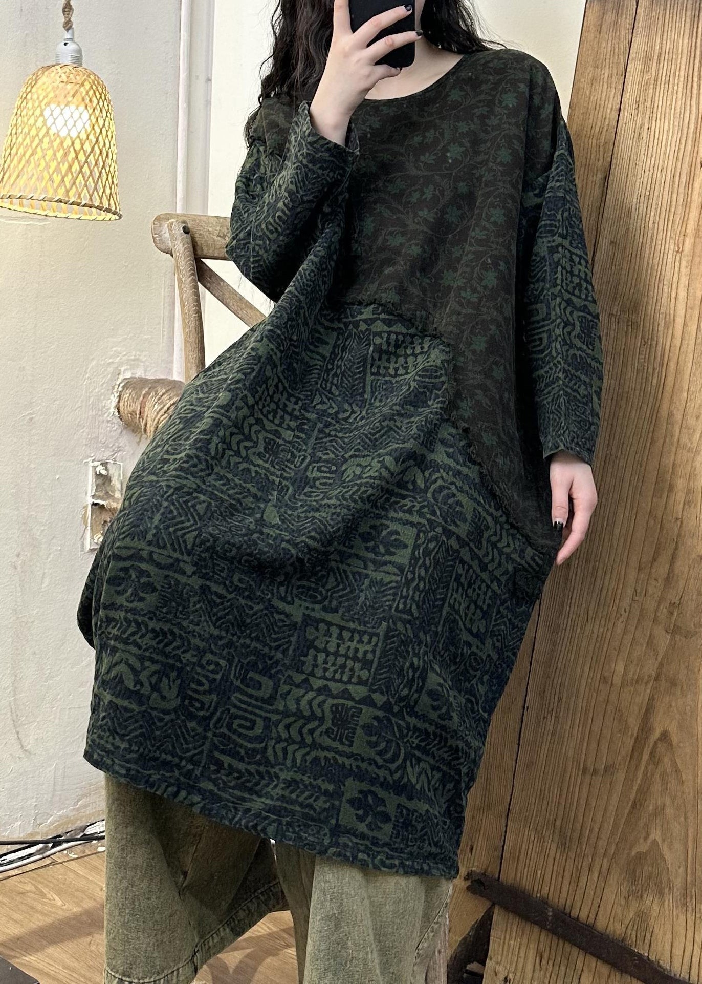 Retro Green Patchwork Print Long Dress Long Sleeve VB1075