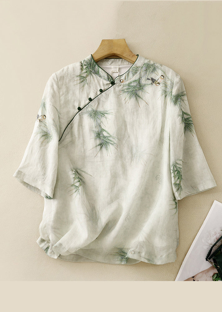 Retro Green Stand Collar Embroidered Linen Shirt Top Summer AM1049