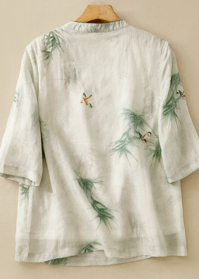 Retro Green Stand Collar Embroidered Linen Shirt Top Summer AM1049