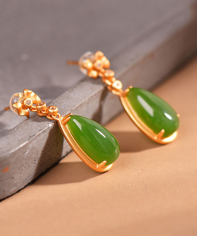 Retro Green Sterling Silver Overgild Jade Water Drop Drop Earrings GH1019