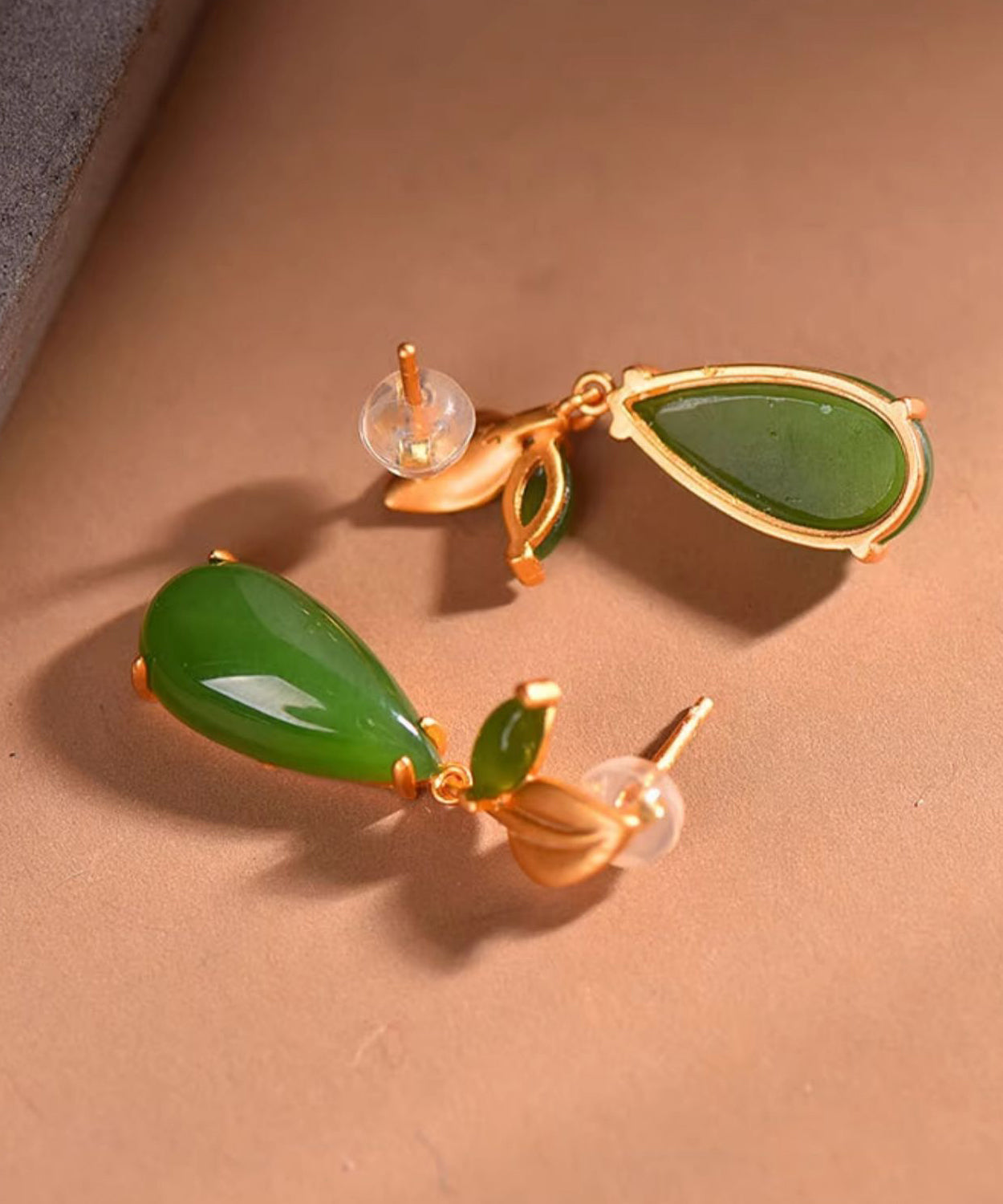 Retro Green Sterling Silver Overgild Jade Water Drop Drop Earrings GH1019