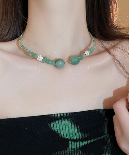 Collier de perles rétro en argent sterling vert surdoré avec cristal de zircon et jade QD022