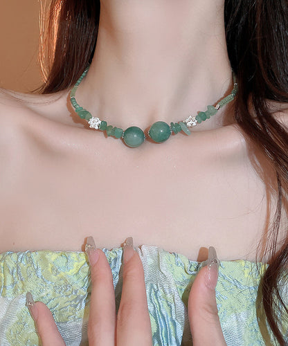 Collier de perles rétro en argent sterling vert surdoré avec cristal de zircon et jade QD022