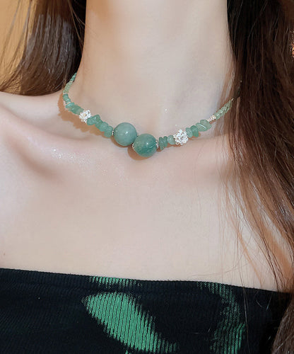 Collier de perles rétro en argent sterling vert surdoré avec cristal de zircon et jade QD022