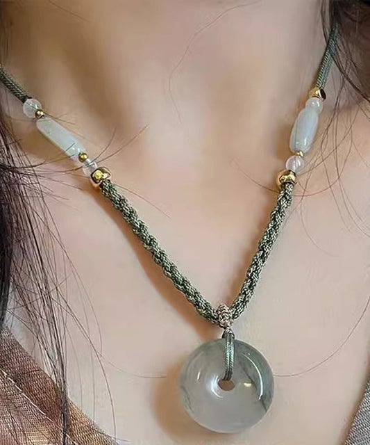 Collier pendentif rétro en jade vert tissé, boucle Ping An, TX039