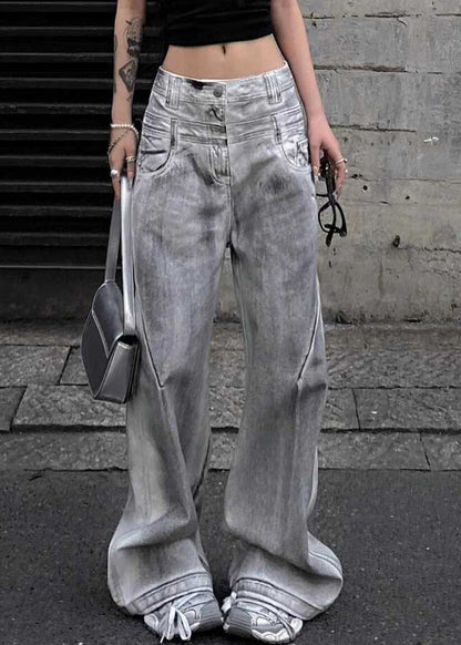 Pantalon en jean taille haute à boutons gris rétro Automne QF053