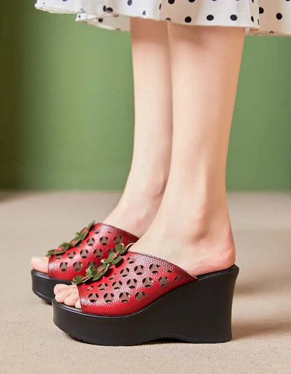 Retro Leather Flowers Oriental Style Wedge Slippers Ada Fashion