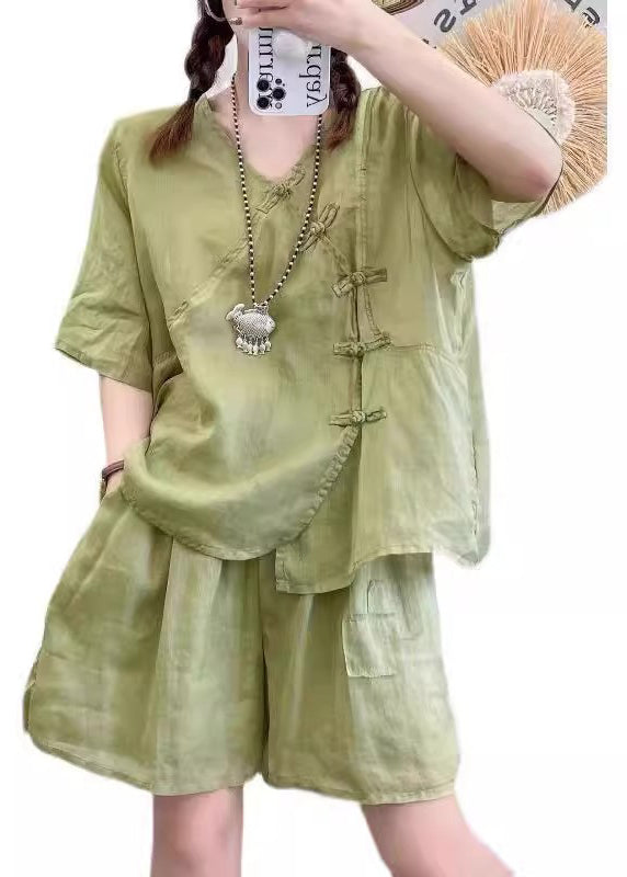 Retro Light Brown Chinese Button Tops And Shorts Cotton Two Pieces Set Summer QK016