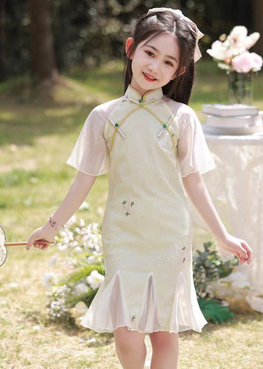 Kleid Lang Patchwork Kinder Hellgrün Rüschen Print Sommer Retro