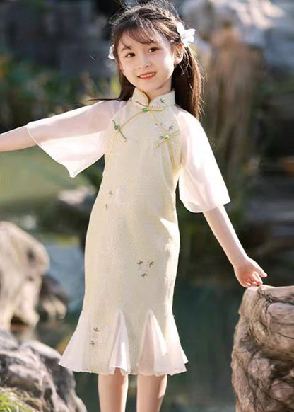 Kleid Lang Patchwork Kinder Hellgrün Rüschen Print Sommer Retro