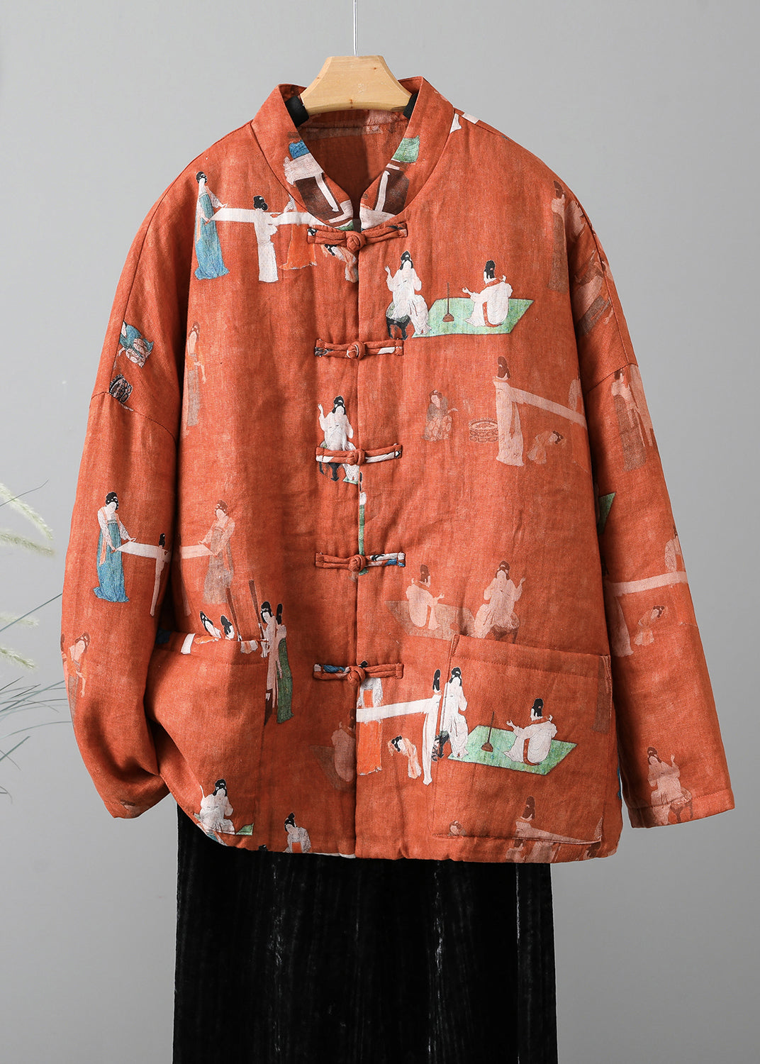 Retro Orange Stehkragen Druck Feine Baumwolle gefüllte Jacke Frühling TI011