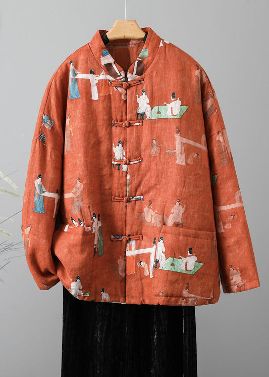Retro Orange Stehkragen Druck Feine Baumwolle gefüllte Jacke Frühling TI011