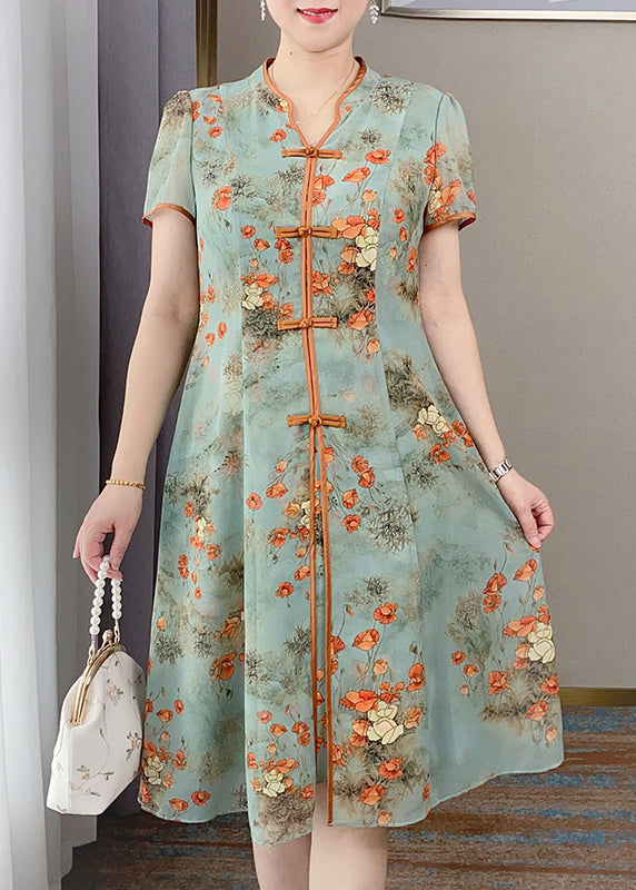 Retro Orange V-Ausschnitt Print Chinesische Knopf Seide Kleid Sommer BB014