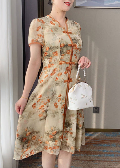 Robe en soie à imprimé rétro orange à col en V et boutons chinois pour l'été BB014