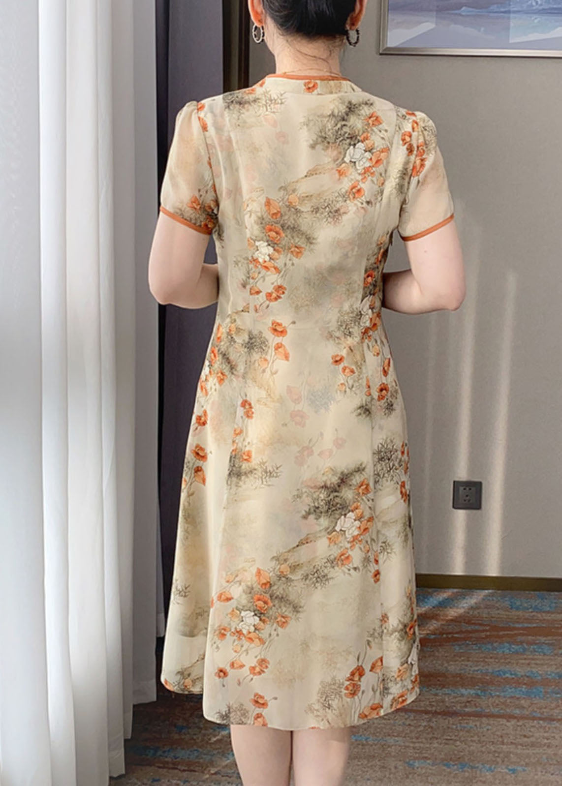 Retro Orange V-Ausschnitt Print Chinesische Knopf Seide Kleid Sommer BB014