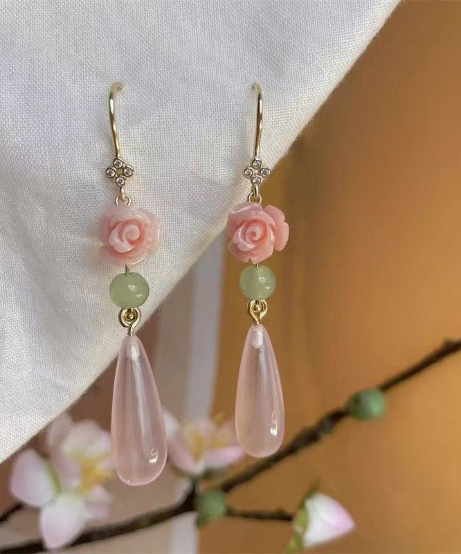 Retro Pink Sterling Silver Overgild Water Drop Rose Drop Earrings AC1079