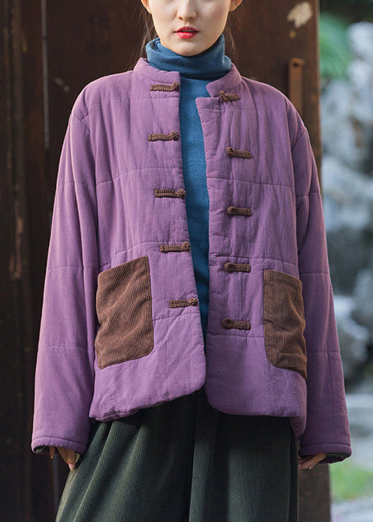 Retro Purple Chinese?Button Pockets Thick Parkas Winter QO057