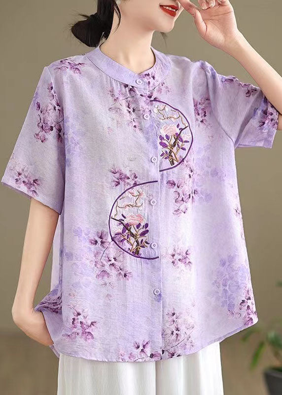 Retro Purple Stand Collar Embroidered Cotton Shirt Summer AP090