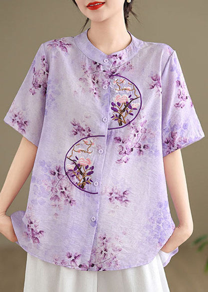 Chemise en coton brodée à col montant violet rétro été AP090