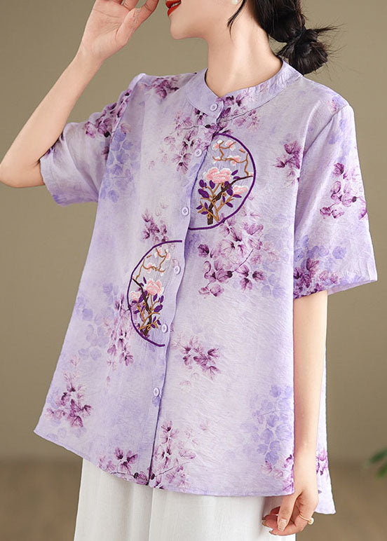 Retro Purple Stand Collar Embroidered Cotton Shirt Summer AP090