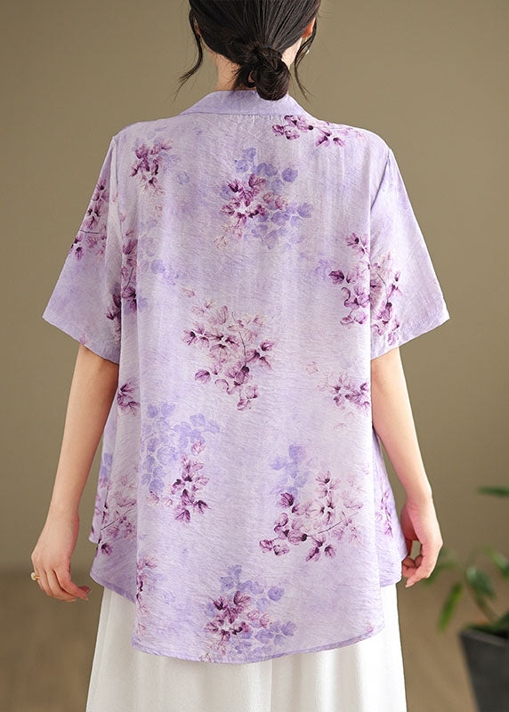 Retro Purple Stand Collar Embroidered Cotton Shirt Summer AP090