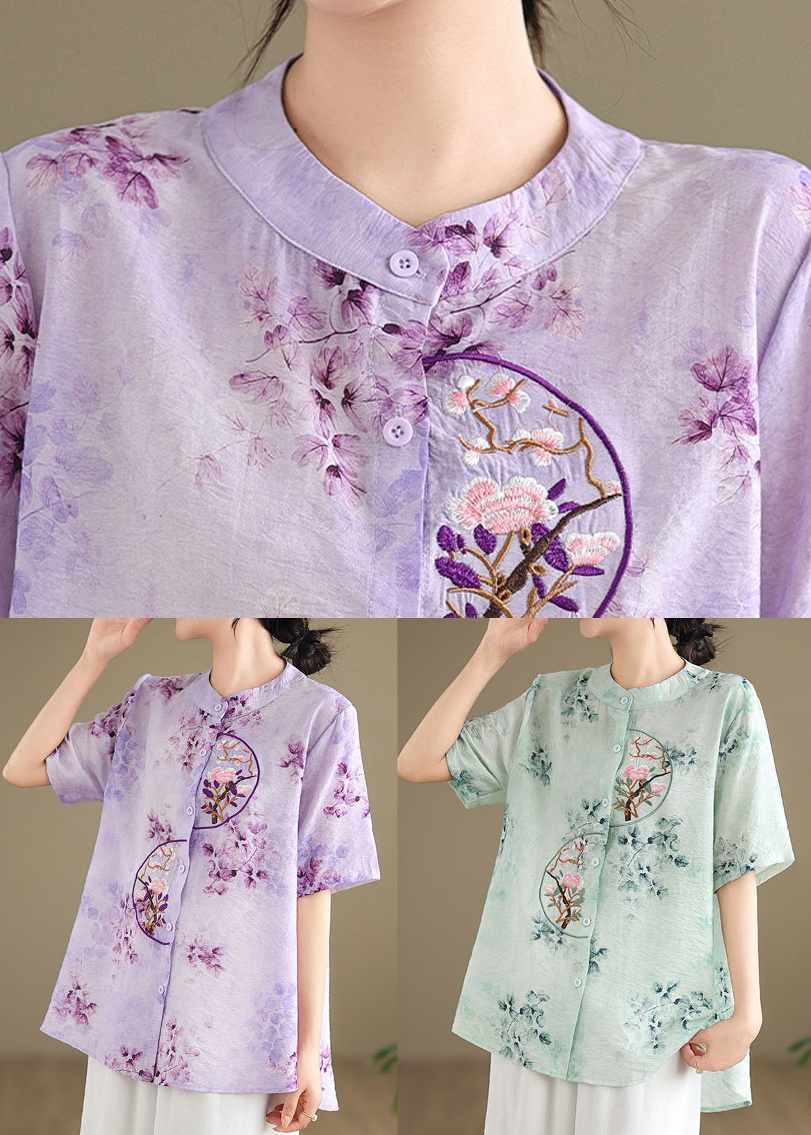 Retro Purple Stand Collar Embroidered Cotton Shirt Summer AP090