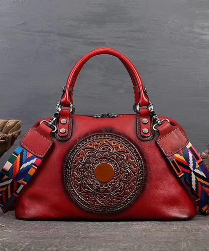 Sac à main rétro en cuir de vache rouge pour femme, grande capacité, HJ1023