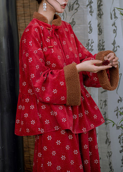 Retro Rot Bestickt Patchwork Warme Fleece Sets 2 Stück Frühling TQ010