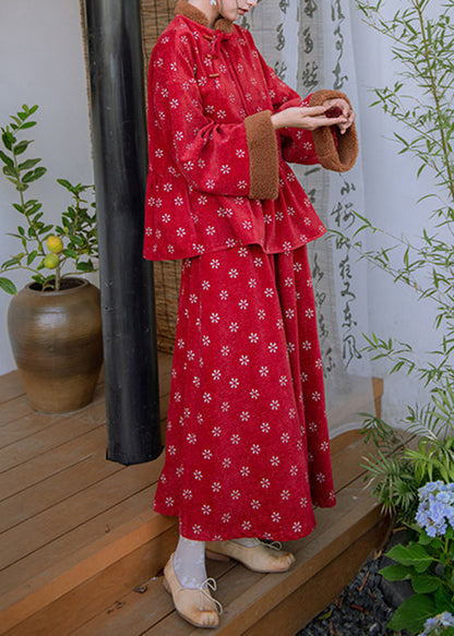 Retro Rot Bestickt Patchwork Warme Fleece Sets 2 Stück Frühling TQ010