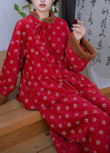 Retro Rot Bestickt Patchwork Warme Fleece Sets 2 Stück Frühling TQ010