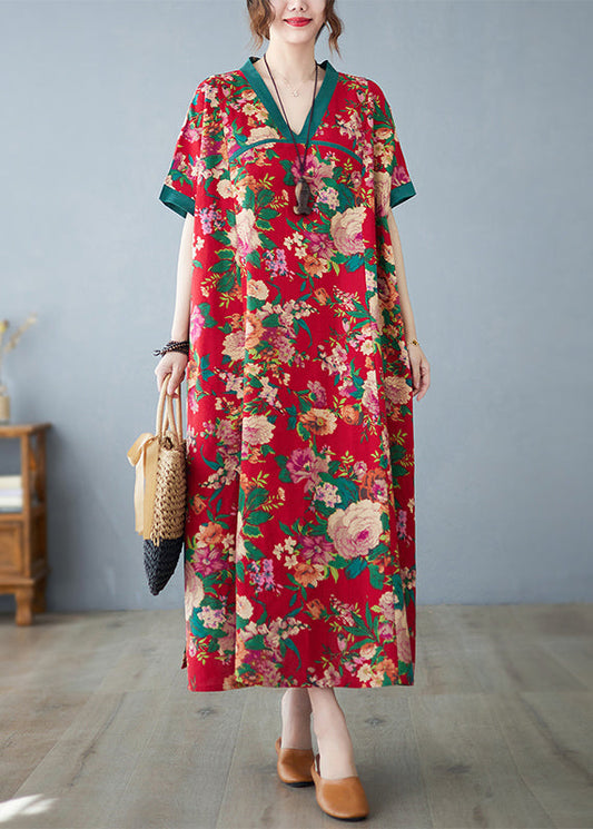 Baumwollkleider Maxi Sommer Print Rot Oversized Retro