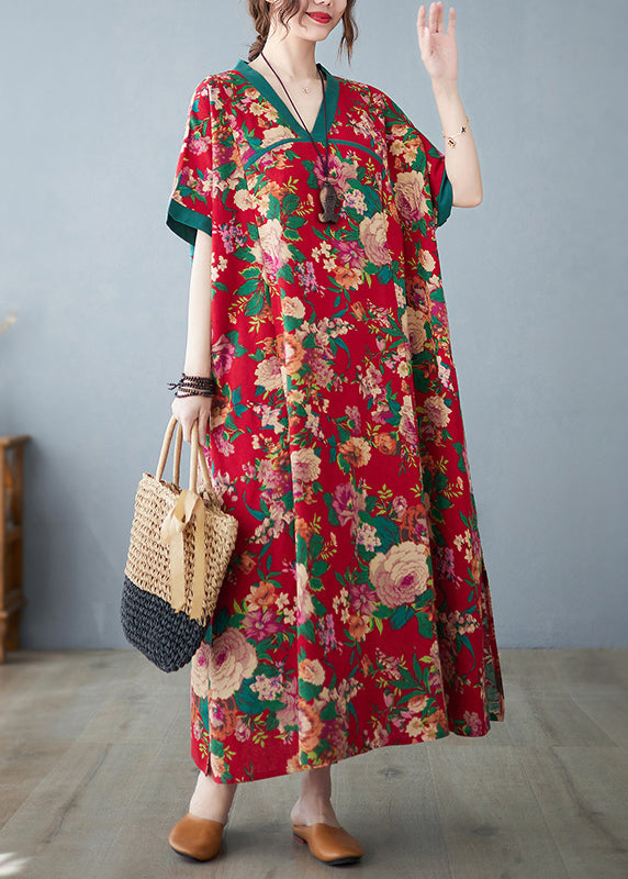 Baumwollkleider Maxi Sommer Print Rot Oversized Retro