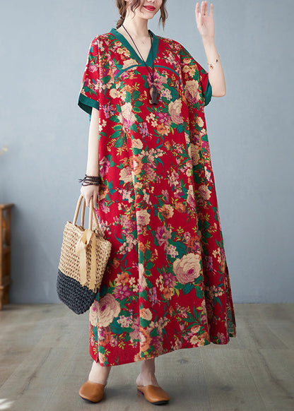 Baumwollkleider Maxi Sommer Print Rot Oversized Retro