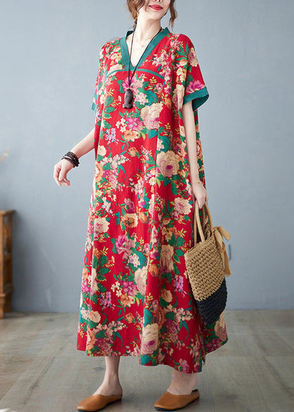 Baumwollkleider Maxi Sommer Print Rot Oversized Retro
