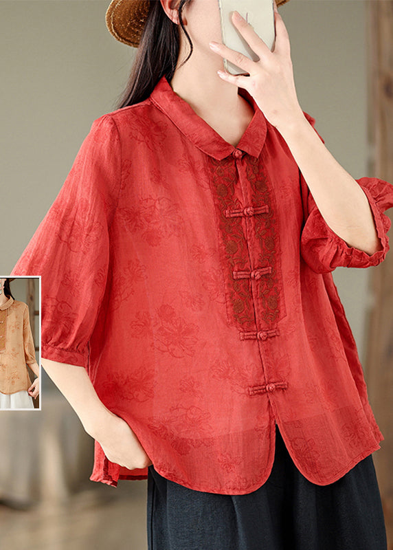 Retro Red Peter Pan Collar Embroidered Print Shirt Summer UU046