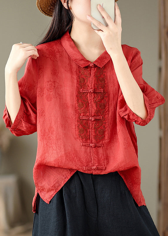 Retro Red Peter Pan Collar Embroidered Print Shirt Summer UU046