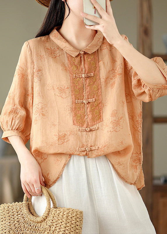 Retro Red Peter Pan Collar Embroidered Print Shirt Summer UU046