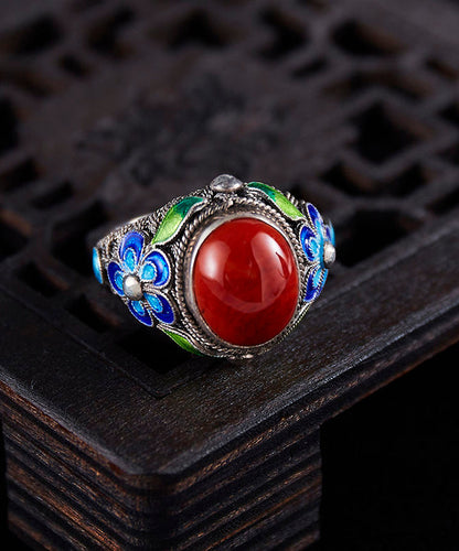 Bagues rétro rouges en argent sterling et agate cloisonnée