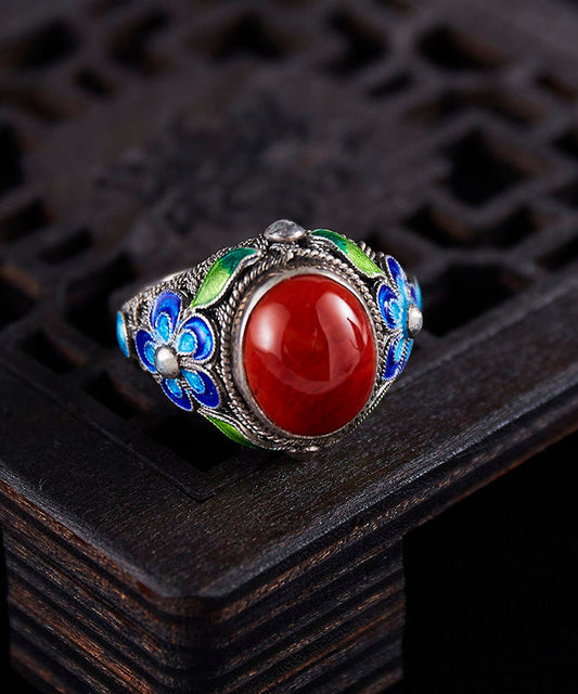 Bagues rétro rouges en argent sterling et agate cloisonnée