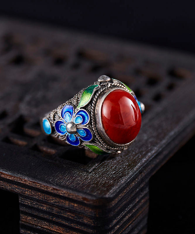 Bagues rétro rouges en argent sterling et agate cloisonnée